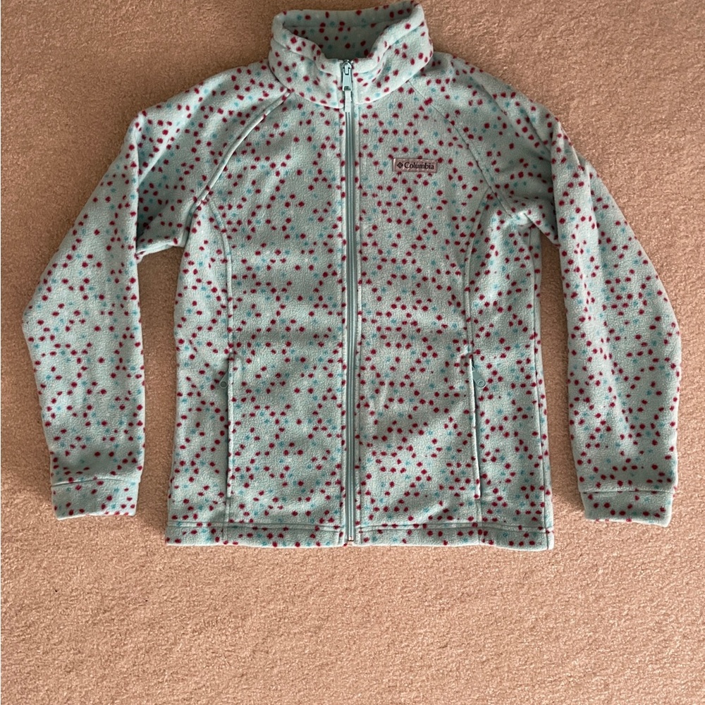 Columbia Zip Teal Fleece Jacket with Red Polka Dots